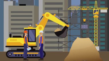 İnşaat alanı, şehrin sınırında mühendisler ve inşa makineleriyle çalışıyor.