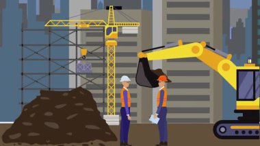 İnşaat alanı, şehrin sınırında mühendisler ve inşa makineleriyle çalışıyor.