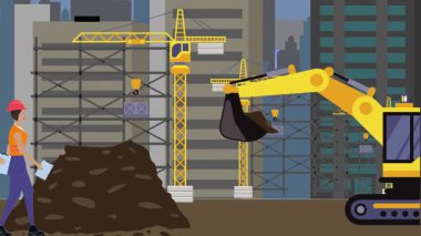 İnşaat alanı, şehrin sınırında mühendisler ve inşa makineleriyle çalışıyor.