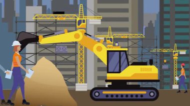 İnşaat alanı, şehrin sınırında mühendisler ve inşa makineleriyle çalışıyor.