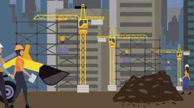 İnşaat alanı, şehrin sınırında mühendisler ve inşa makineleriyle çalışıyor.