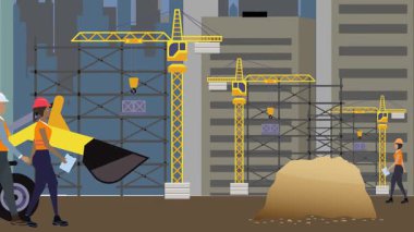 İnşaat alanı, şehrin sınırında mühendisler ve inşa makineleriyle çalışıyor.