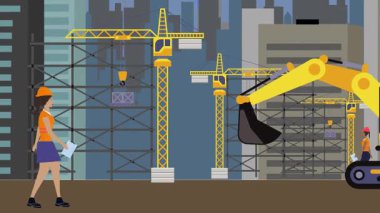 İnşaat alanı, şehrin sınırında mühendisler ve inşa makineleriyle çalışıyor.