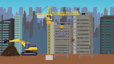 İnşaat alanı, şehrin sınırında mühendisler ve inşa makineleriyle çalışıyor.