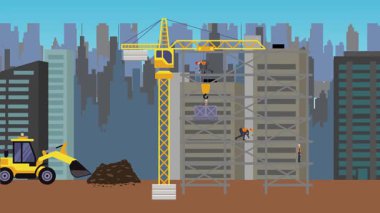 İnşaat alanı, şehrin sınırında mühendisler ve inşa makineleriyle çalışıyor.