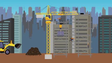 İnşaat alanı, şehrin sınırında mühendisler ve inşa makineleriyle çalışıyor.