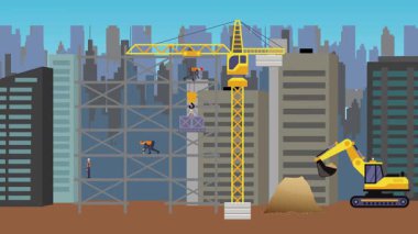 İnşaat alanı, şehrin sınırında mühendisler ve inşa makineleriyle çalışıyor.