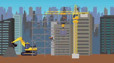 İnşaat alanı, şehrin sınırında mühendisler ve inşa makineleriyle çalışıyor.