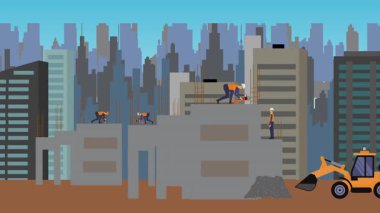 İnşaat alanı, şehrin sınırında mühendisler ve inşa makineleriyle çalışıyor.