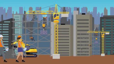 İnşaat alanı, şehrin sınırında mühendisler ve inşa makineleriyle çalışıyor.