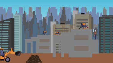 İnşaat alanı, şehrin sınırında mühendisler ve inşa makineleriyle çalışıyor.