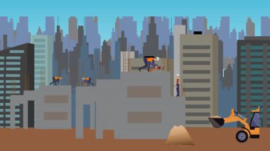 İnşaat alanı, şehrin sınırında mühendisler ve inşa makineleriyle çalışıyor.