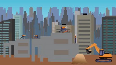 İnşaat alanı, şehrin sınırında mühendisler ve inşa makineleriyle çalışıyor.