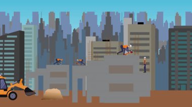 İnşaat alanı, şehrin sınırında mühendisler ve inşa makineleriyle çalışıyor.