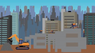 İnşaat alanı, şehrin sınırında mühendisler ve inşa makineleriyle çalışıyor.