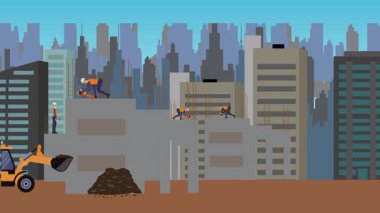 İnşaat alanı, şehrin sınırında mühendisler ve inşa makineleriyle çalışıyor.