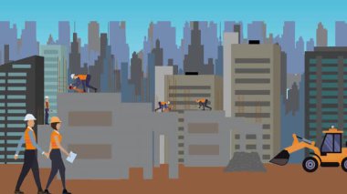 İnşaat alanı, şehrin sınırında mühendisler ve inşa makineleriyle çalışıyor.