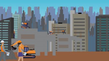 İnşaat alanı, şehrin sınırında mühendisler ve inşa makineleriyle çalışıyor.