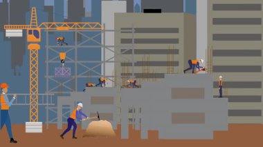 İnşaat alanı, şehrin sınırında mühendisler ve inşa makineleriyle çalışıyor.