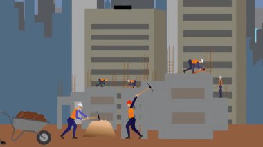 İnşaat alanı, şehrin sınırında mühendisler ve inşa makineleriyle çalışıyor.