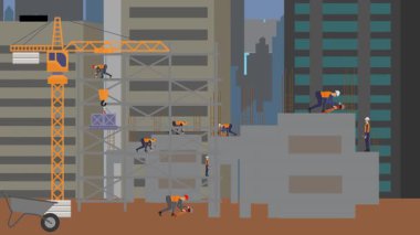 İnşaat alanı, şehrin sınırında mühendisler ve inşa makineleriyle çalışıyor.