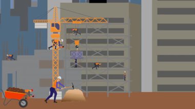 İnşaat alanı, şehrin sınırında mühendisler ve inşa makineleriyle çalışıyor.