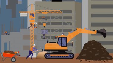 İnşaat alanı, şehrin sınırında mühendisler ve inşa makineleriyle çalışıyor.