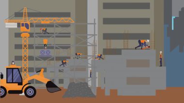 İnşaat alanı, şehrin sınırında mühendisler ve inşa makineleriyle çalışıyor.