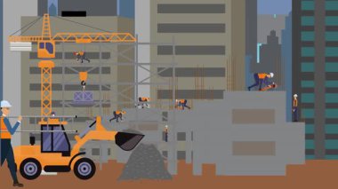 İnşaat alanı, şehrin sınırında mühendisler ve inşa makineleriyle çalışıyor.