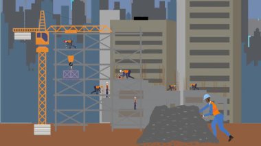 İnşaat alanı, şehrin sınırında mühendisler ve inşa makineleriyle çalışıyor.