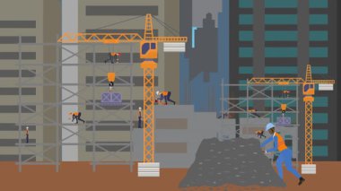 İnşaat alanı, şehrin sınırında mühendisler ve inşa makineleriyle çalışıyor.