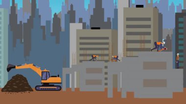 İnşaat alanı, şehrin sınırında mühendisler ve inşa makineleriyle çalışıyor.