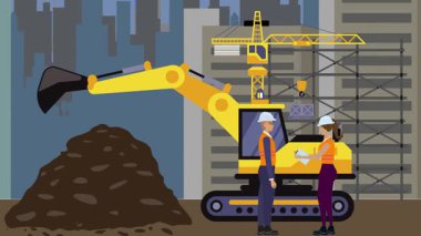 İnşaat alanı, şehrin sınırında mühendisler ve inşa makineleriyle çalışıyor.