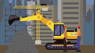 İnşaat alanı, şehrin sınırında mühendisler ve inşa makineleriyle çalışıyor.