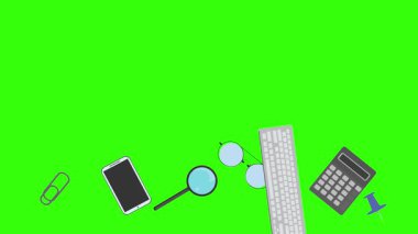 Yeşil ekrandaki ofis araçlarının canlandırması, düz tasarım ögeleri