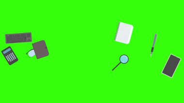 Yeşil ekrandaki ofis araçlarının canlandırması, düz tasarım ögeleri