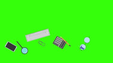 Yeşil ekrandaki ofis araçlarının canlandırması, düz tasarım ögeleri