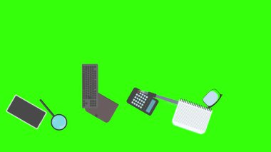 Yeşil ekrandaki ofis araçlarının canlandırması, düz tasarım ögeleri