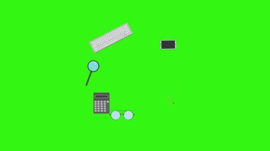 Yeşil ekrandaki ofis araçlarının canlandırması, düz tasarım ögeleri