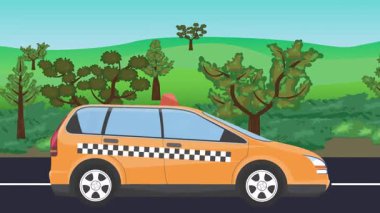 Yolda çalışan otomobil, arka planda doğa alanları ve ağaçlar olan 2d çizgi film animasyonu