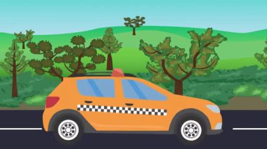 Yolda çalışan otomobil, arka planda doğa alanları ve ağaçlar olan 2d çizgi film animasyonu