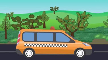 Yolda çalışan otomobil, arka planda doğa alanları ve ağaçlar olan 2d çizgi film animasyonu