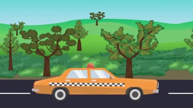 Yolda çalışan otomobil, arka planda doğa alanları ve ağaçlar olan 2d çizgi film animasyonu