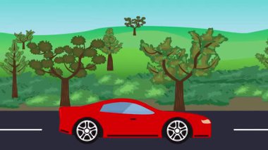 Yolda çalışan otomobil, arka planda doğa alanları ve ağaçlar olan 2d çizgi film animasyonu