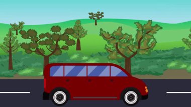Yolda çalışan otomobil, arka planda doğa alanları ve ağaçlar olan 2d çizgi film animasyonu