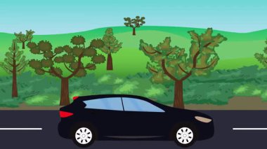 Yolda çalışan otomobil, arka planda doğa alanları ve ağaçlar olan 2d çizgi film animasyonu