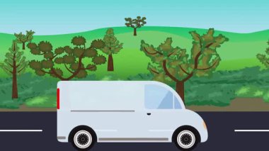 Yolda çalışan otomobil, arka planda doğa alanları ve ağaçlar olan 2d çizgi film animasyonu