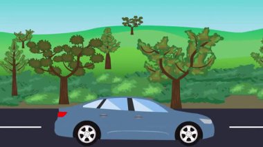 Yolda çalışan otomobil, arka planda doğa alanları ve ağaçlar olan 2d çizgi film animasyonu