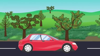 Yolda çalışan otomobil, arka planda doğa alanları ve ağaçlar olan 2d çizgi film animasyonu