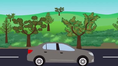 Yolda çalışan otomobil, arka planda doğa alanları ve ağaçlar olan 2d çizgi film animasyonu